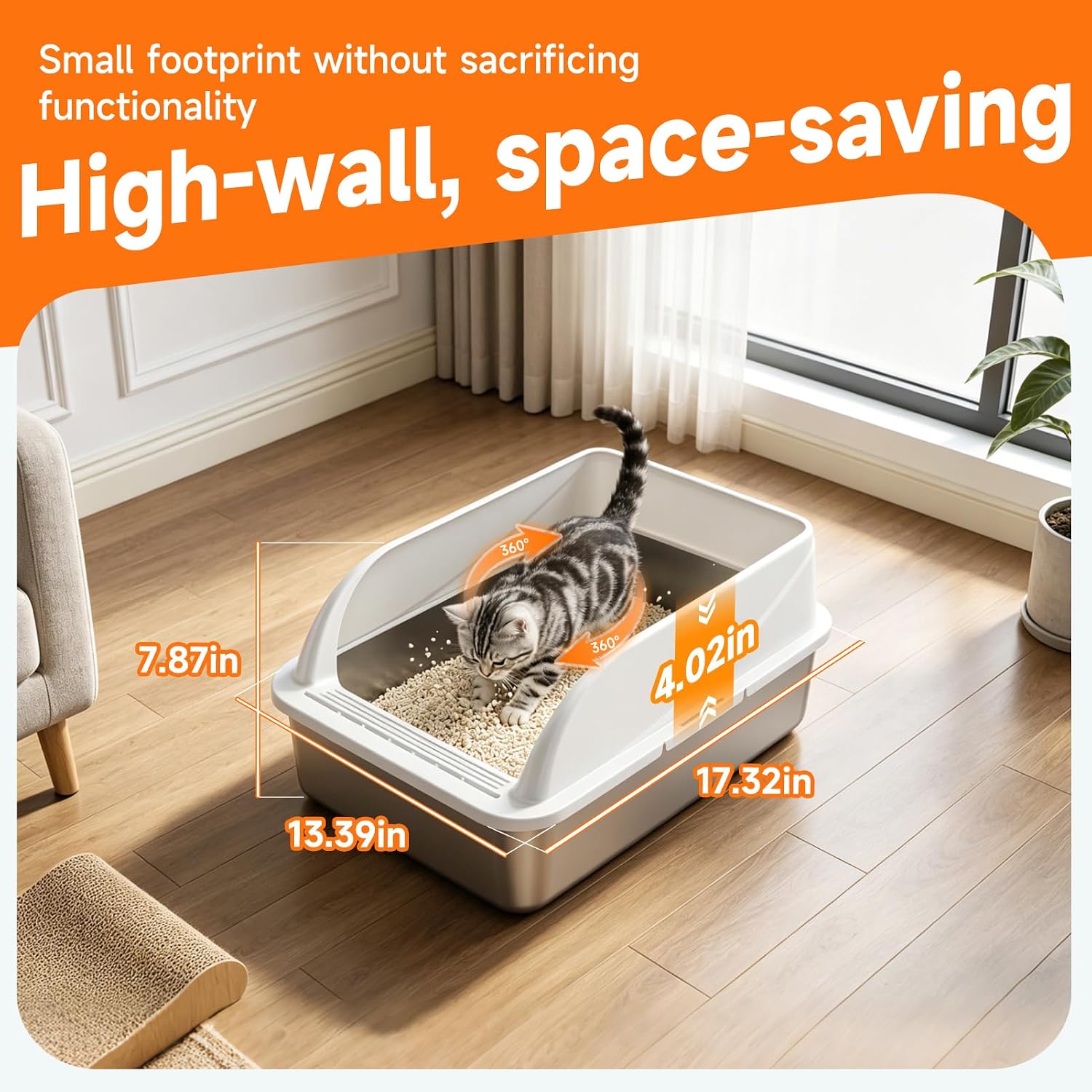 Medium High-Sided Stainless Steel Litter Box - Image 2