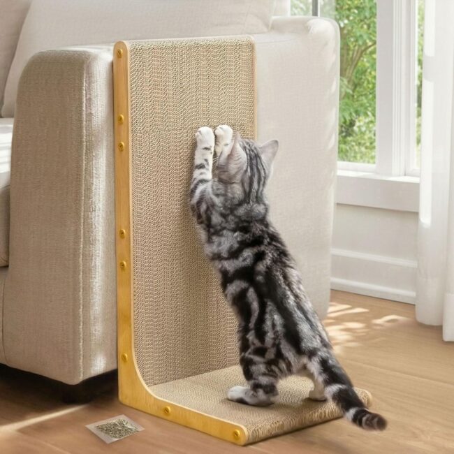 Large Wood-Grain L-Shaped Cardboard Scratcher